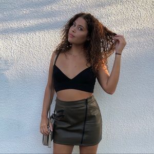 Olive Leather Asymmetrical Zipper Mini Skirt